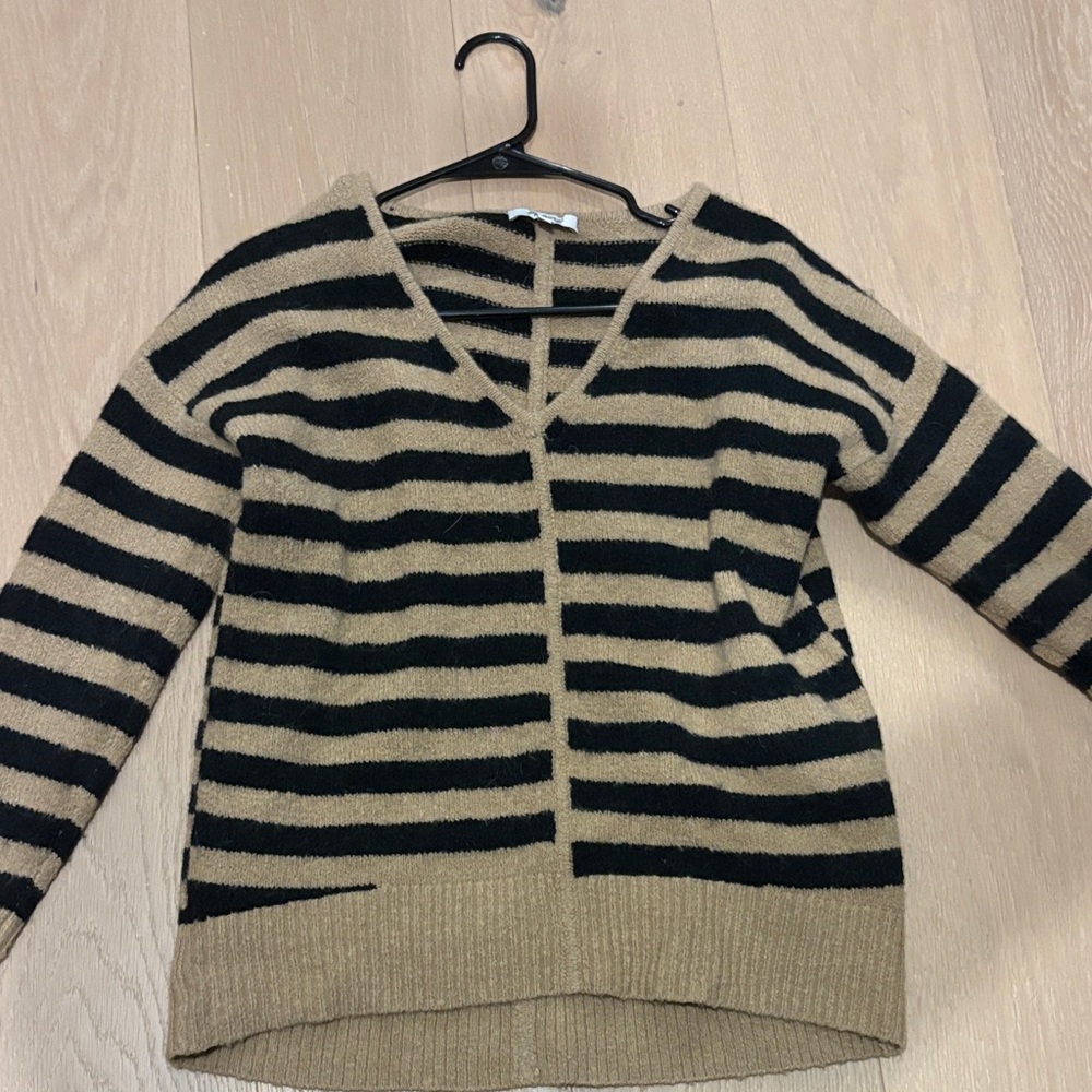 Madewell Camel and Black Striped V Neck Sweater